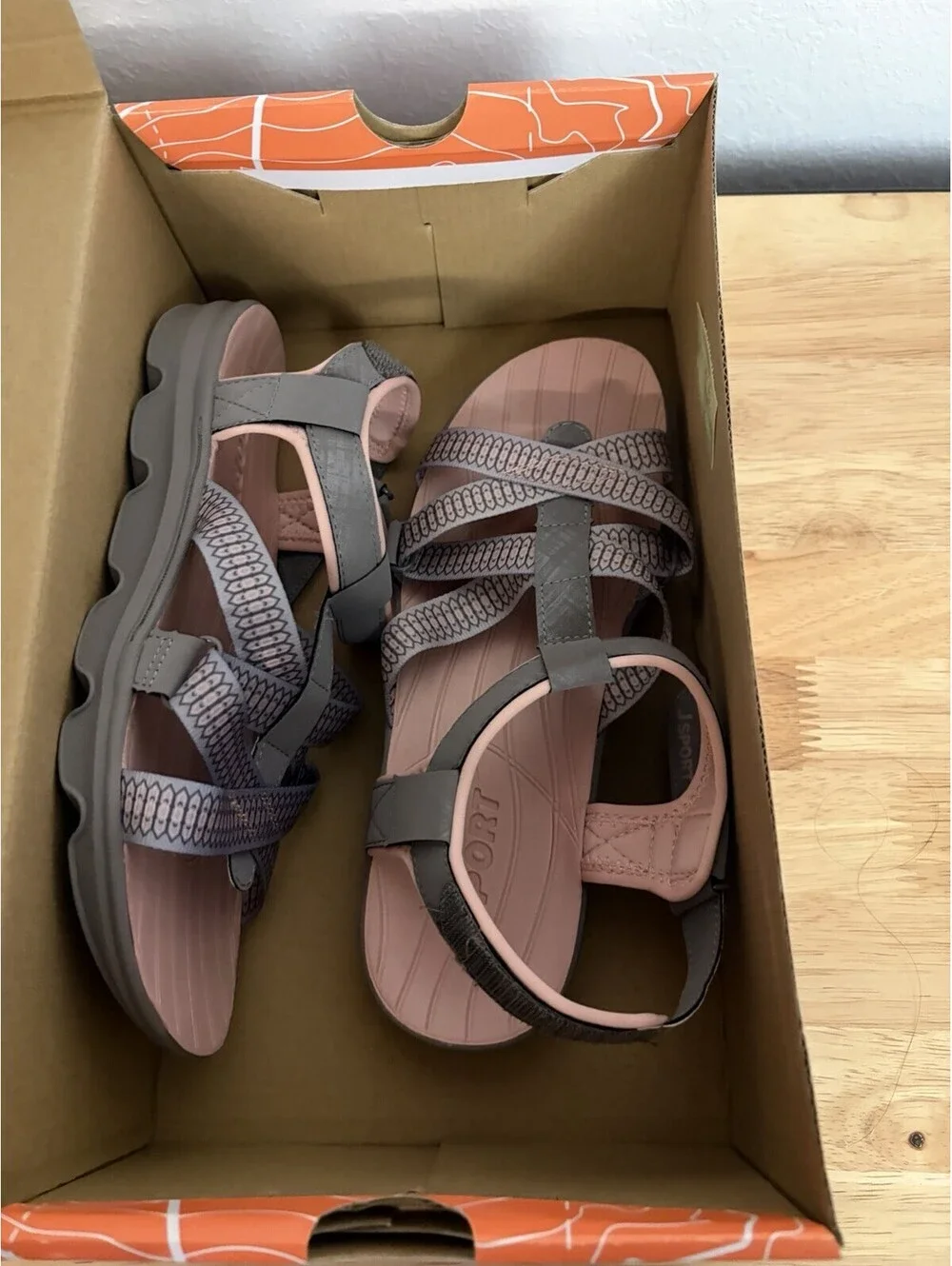 JSport Kaia Sport Sandals Grey/Pink Adjustable Straps NIB - Size 8